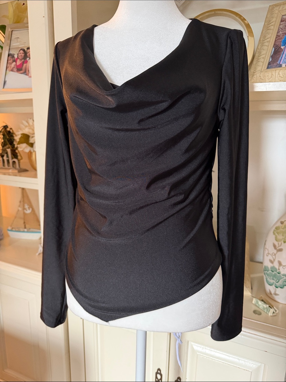Papaya Black Draped Cowl Neck Long Sleeve Top